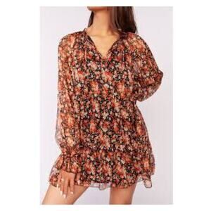 Aakaa You Better Believe It Brown Floral Long Sleeve Mini Dress Sz.S NWT